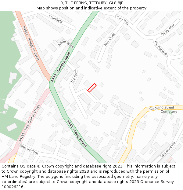 9, THE FERNS, TETBURY, GL8 8JE: Location map and indicative extent of plot