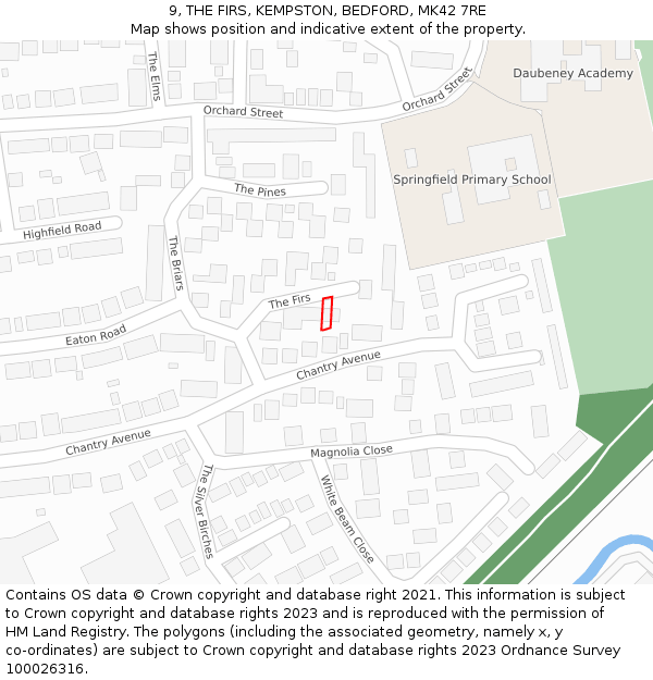 9, THE FIRS, KEMPSTON, BEDFORD, MK42 7RE: Location map and indicative extent of plot