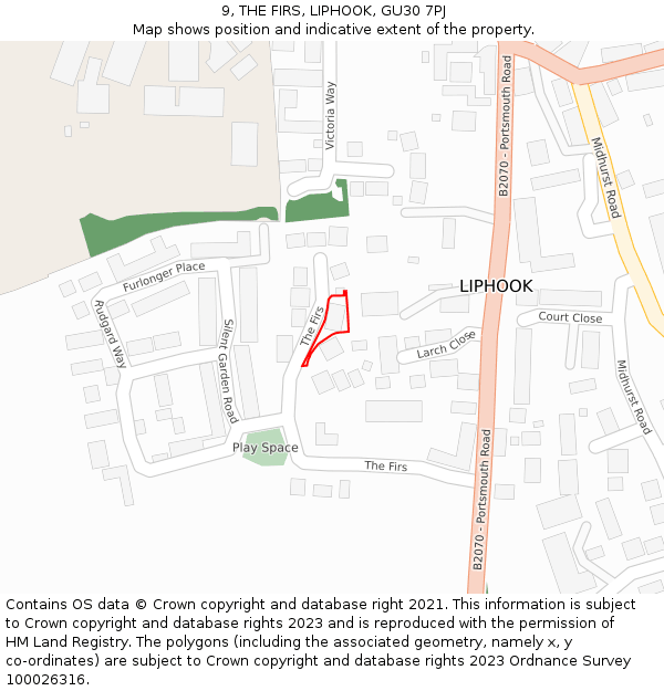 9, THE FIRS, LIPHOOK, GU30 7PJ: Location map and indicative extent of plot