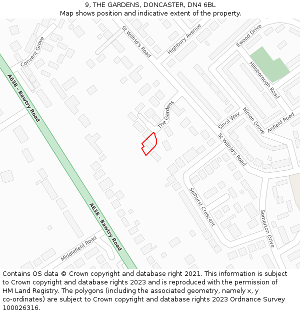 9, THE GARDENS, DONCASTER, DN4 6BL: Location map and indicative extent of plot
