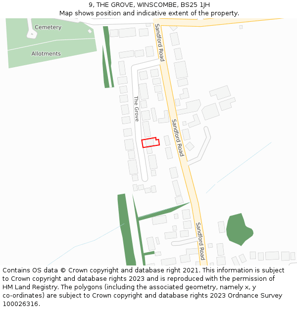 9, THE GROVE, WINSCOMBE, BS25 1JH: Location map and indicative extent of plot