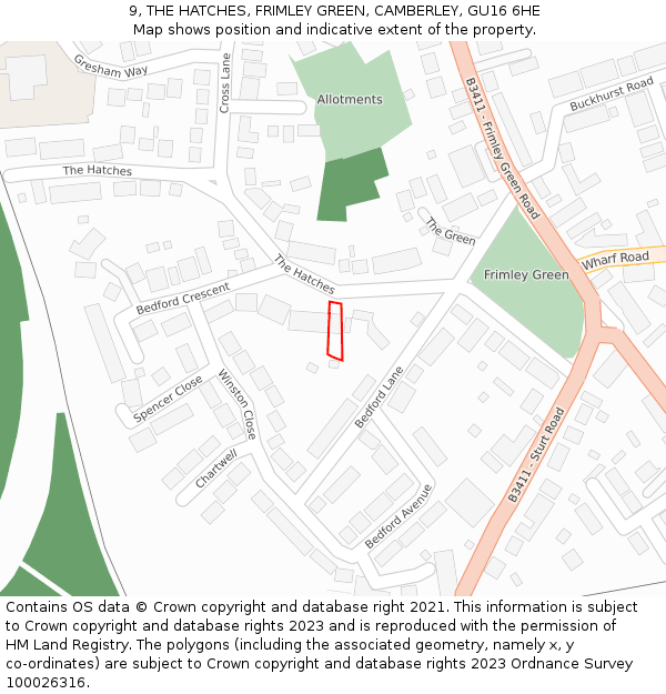 9, THE HATCHES, FRIMLEY GREEN, CAMBERLEY, GU16 6HE: Location map and indicative extent of plot