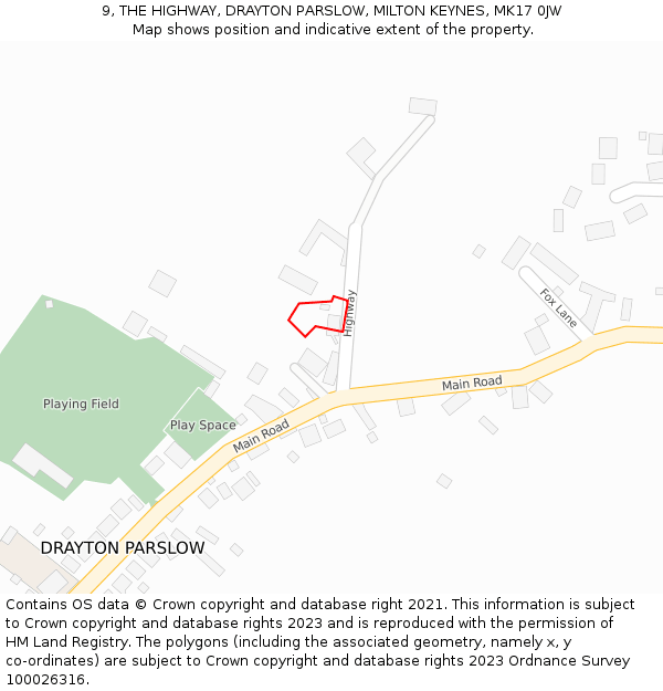 9, THE HIGHWAY, DRAYTON PARSLOW, MILTON KEYNES, MK17 0JW: Location map and indicative extent of plot