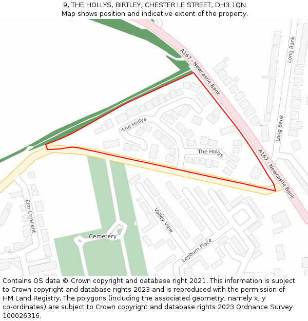 9, THE HOLLYS, BIRTLEY, CHESTER LE STREET, DH3 1QN: Location map and indicative extent of plot