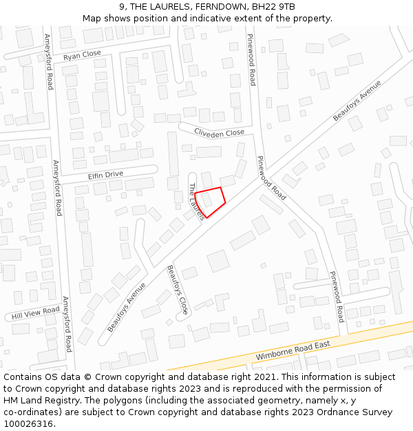 9, THE LAURELS, FERNDOWN, BH22 9TB: Location map and indicative extent of plot