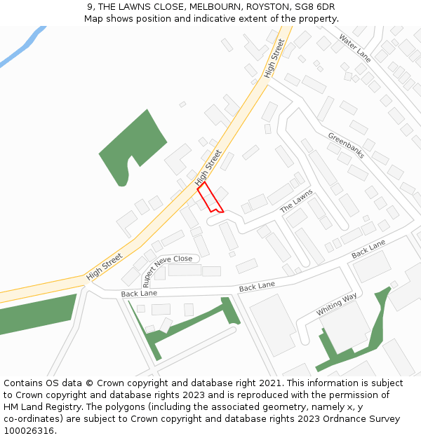 9, THE LAWNS CLOSE, MELBOURN, ROYSTON, SG8 6DR: Location map and indicative extent of plot