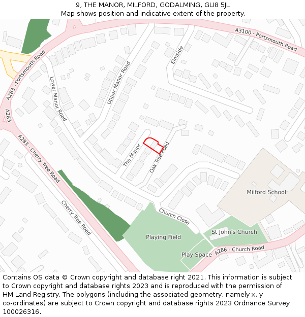 9, THE MANOR, MILFORD, GODALMING, GU8 5JL: Location map and indicative extent of plot