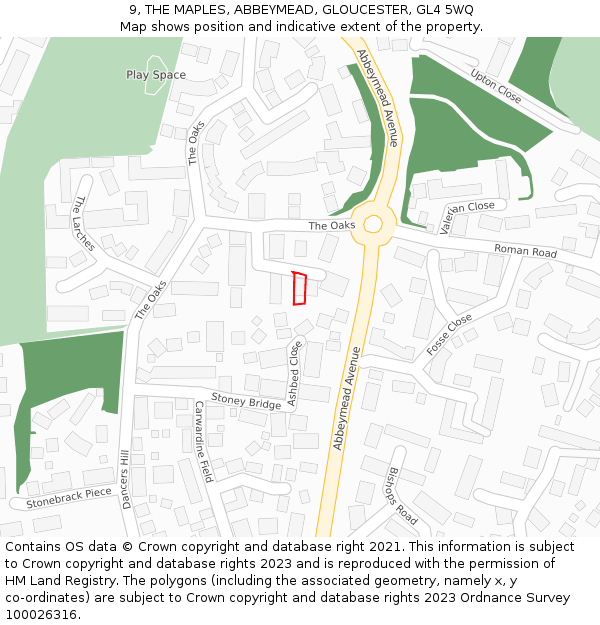 9, THE MAPLES, ABBEYMEAD, GLOUCESTER, GL4 5WQ: Location map and indicative extent of plot