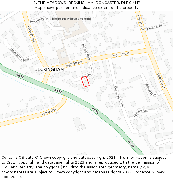 9, THE MEADOWS, BECKINGHAM, DONCASTER, DN10 4NP: Location map and indicative extent of plot