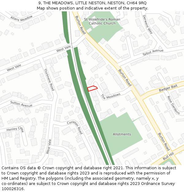 9, THE MEADOWS, LITTLE NESTON, NESTON, CH64 9RQ: Location map and indicative extent of plot