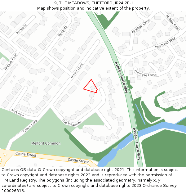 9, THE MEADOWS, THETFORD, IP24 2EU: Location map and indicative extent of plot