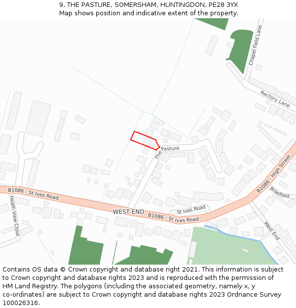 9, THE PASTURE, SOMERSHAM, HUNTINGDON, PE28 3YX: Location map and indicative extent of plot