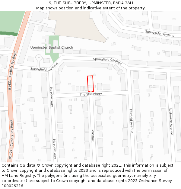 9, THE SHRUBBERY, UPMINSTER, RM14 3AH: Location map and indicative extent of plot