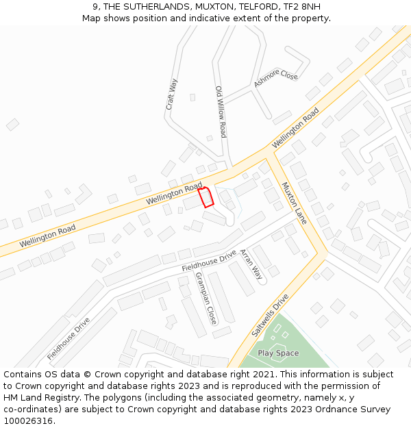 9, THE SUTHERLANDS, MUXTON, TELFORD, TF2 8NH: Location map and indicative extent of plot