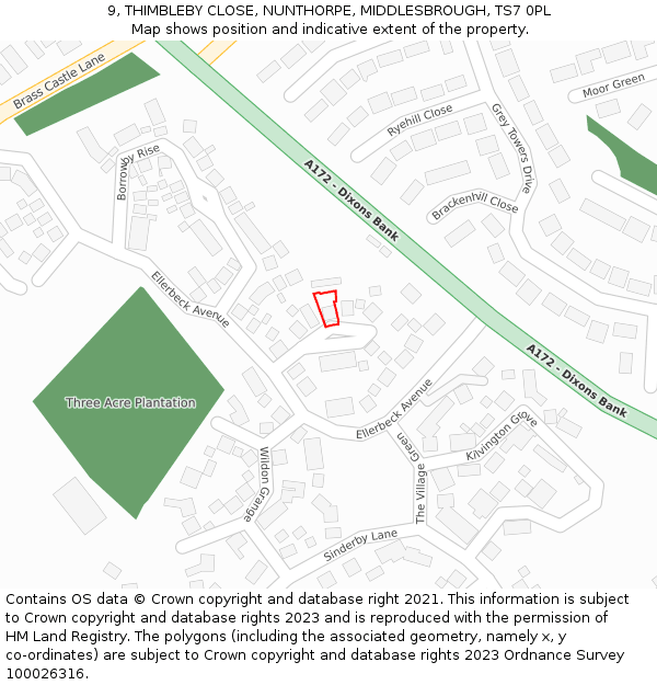 9, THIMBLEBY CLOSE, NUNTHORPE, MIDDLESBROUGH, TS7 0PL: Location map and indicative extent of plot