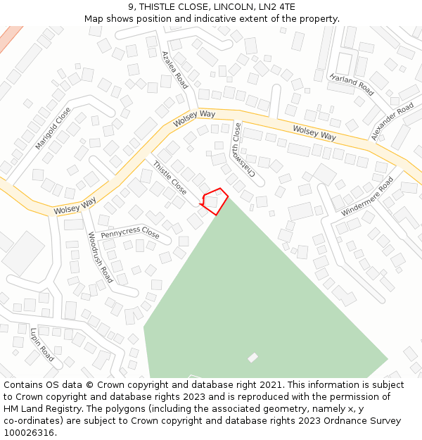 9, THISTLE CLOSE, LINCOLN, LN2 4TE: Location map and indicative extent of plot
