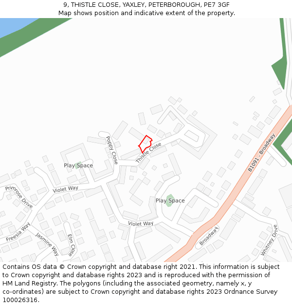 9, THISTLE CLOSE, YAXLEY, PETERBOROUGH, PE7 3GF: Location map and indicative extent of plot