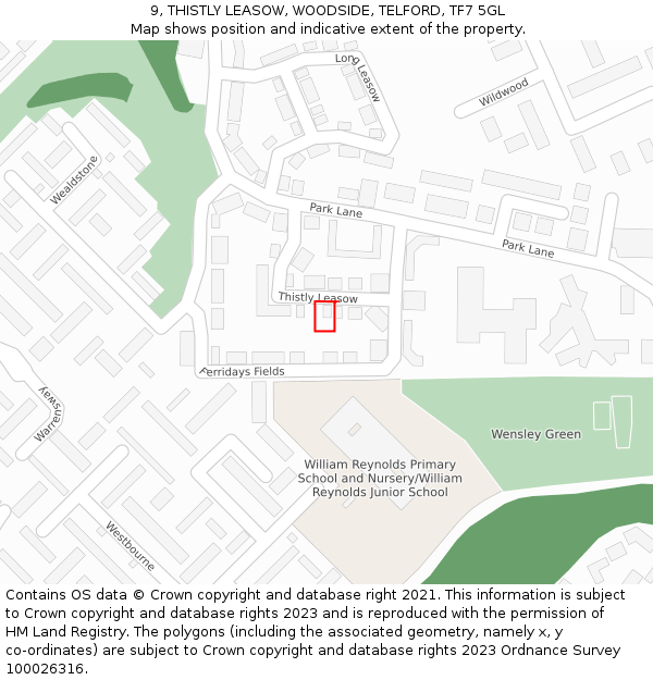 9, THISTLY LEASOW, WOODSIDE, TELFORD, TF7 5GL: Location map and indicative extent of plot