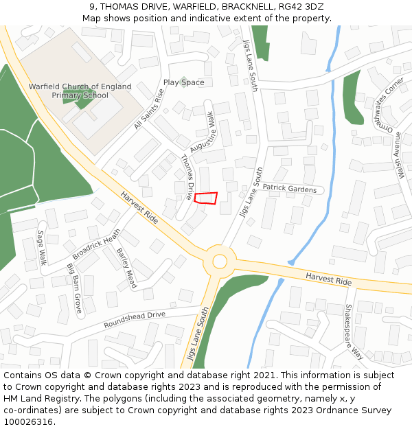 9, THOMAS DRIVE, WARFIELD, BRACKNELL, RG42 3DZ: Location map and indicative extent of plot