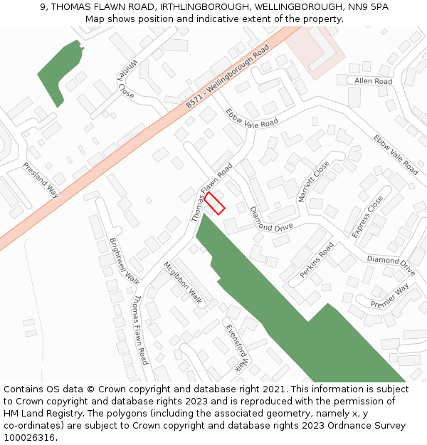 9, THOMAS FLAWN ROAD, IRTHLINGBOROUGH, WELLINGBOROUGH, NN9 5PA: Location map and indicative extent of plot