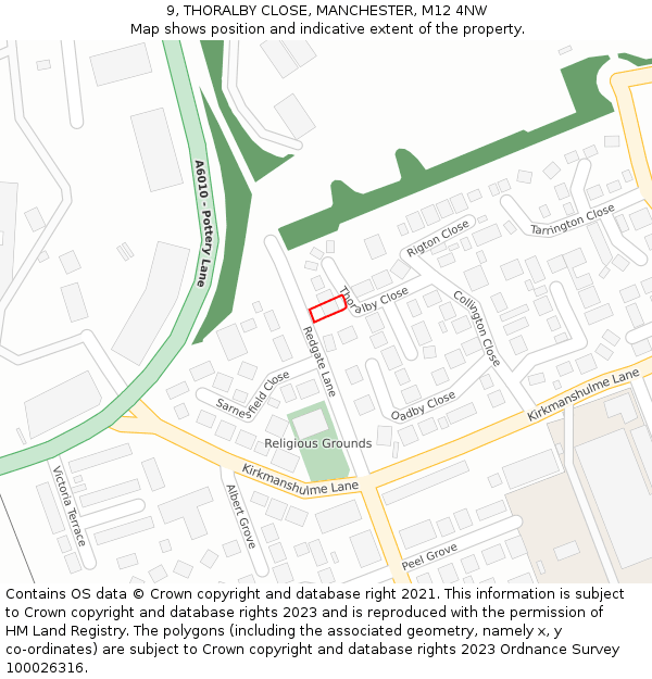 9, THORALBY CLOSE, MANCHESTER, M12 4NW: Location map and indicative extent of plot