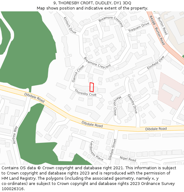 9, THORESBY CROFT, DUDLEY, DY1 3DQ: Location map and indicative extent of plot