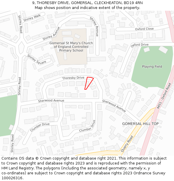 9, THORESBY DRIVE, GOMERSAL, CLECKHEATON, BD19 4RN: Location map and indicative extent of plot