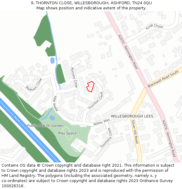 9, THORNTON CLOSE, WILLESBOROUGH, ASHFORD, TN24 0QU: Location map and indicative extent of plot