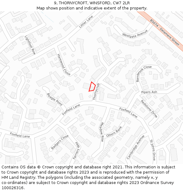9, THORNYCROFT, WINSFORD, CW7 2LR: Location map and indicative extent of plot