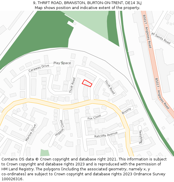 9, THRIFT ROAD, BRANSTON, BURTON-ON-TRENT, DE14 3LJ: Location map and indicative extent of plot