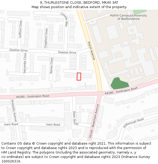 9, THURLESTONE CLOSE, BEDFORD, MK40 3AT: Location map and indicative extent of plot