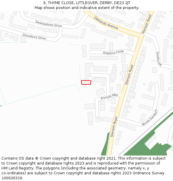 9, THYME CLOSE, LITTLEOVER, DERBY, DE23 2JT: Location map and indicative extent of plot