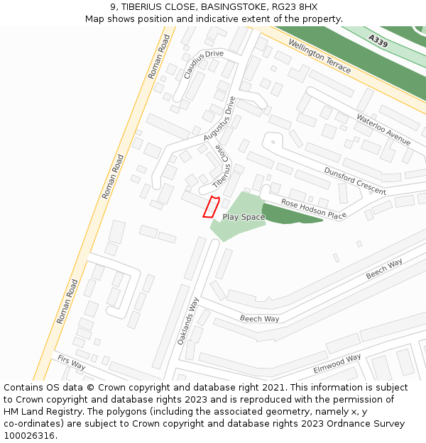 9, TIBERIUS CLOSE, BASINGSTOKE, RG23 8HX: Location map and indicative extent of plot