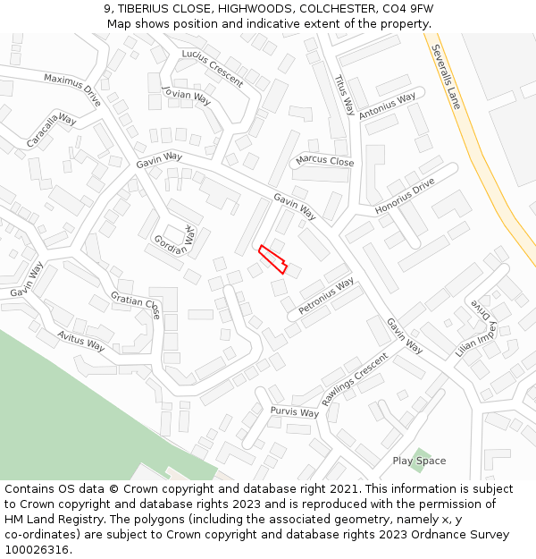 9, TIBERIUS CLOSE, HIGHWOODS, COLCHESTER, CO4 9FW: Location map and indicative extent of plot