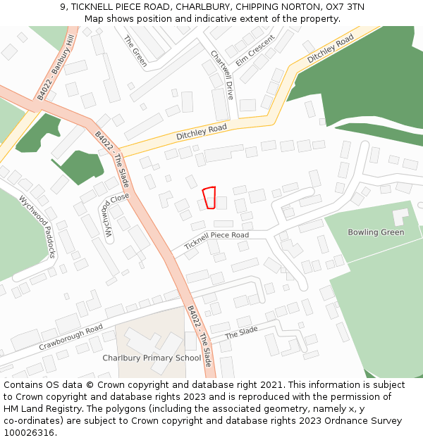 9, TICKNELL PIECE ROAD, CHARLBURY, CHIPPING NORTON, OX7 3TN: Location map and indicative extent of plot