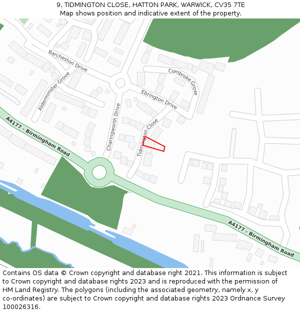 9, TIDMINGTON CLOSE, HATTON PARK, WARWICK, CV35 7TE: Location map and indicative extent of plot