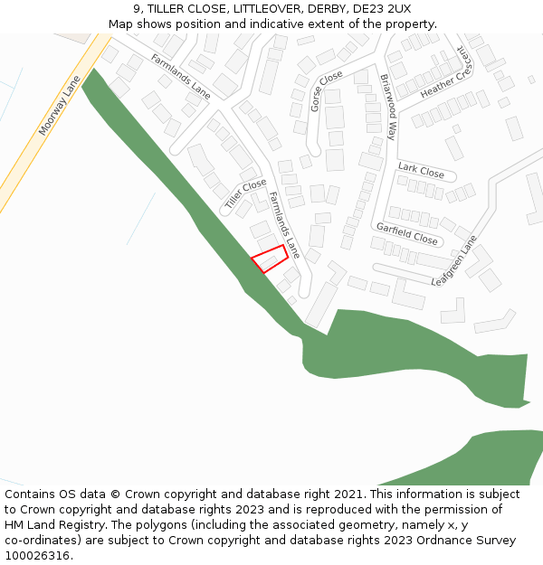 9, TILLER CLOSE, LITTLEOVER, DERBY, DE23 2UX: Location map and indicative extent of plot