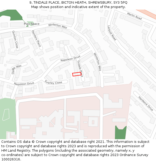 9, TINDALE PLACE, BICTON HEATH, SHREWSBURY, SY3 5PQ: Location map and indicative extent of plot