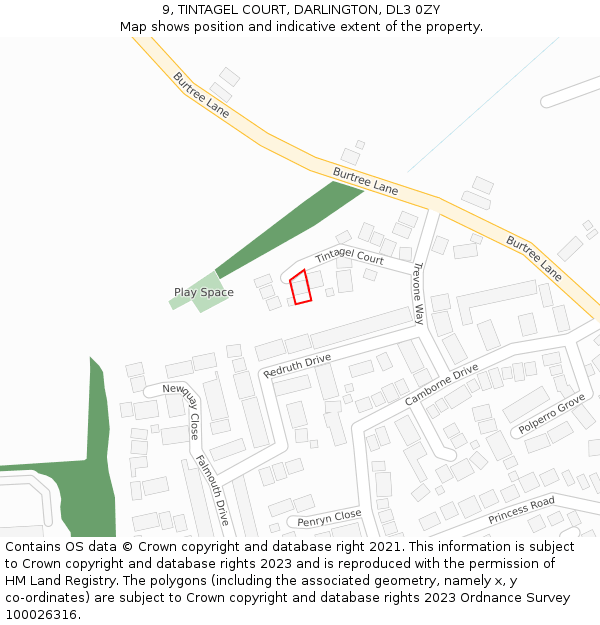 9, TINTAGEL COURT, DARLINGTON, DL3 0ZY: Location map and indicative extent of plot