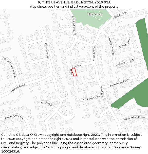 9, TINTERN AVENUE, BRIDLINGTON, YO16 6GA: Location map and indicative extent of plot