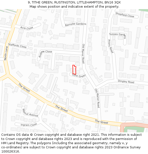 9, TITHE GREEN, RUSTINGTON, LITTLEHAMPTON, BN16 3QX: Location map and indicative extent of plot