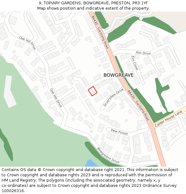 9, TOPIARY GARDENS, BOWGREAVE, PRESTON, PR3 1YF: Location map and indicative extent of plot
