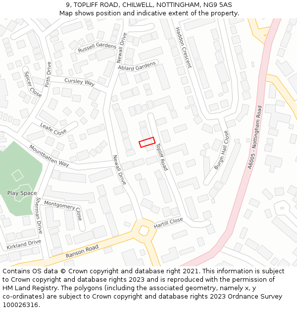 9, TOPLIFF ROAD, CHILWELL, NOTTINGHAM, NG9 5AS: Location map and indicative extent of plot