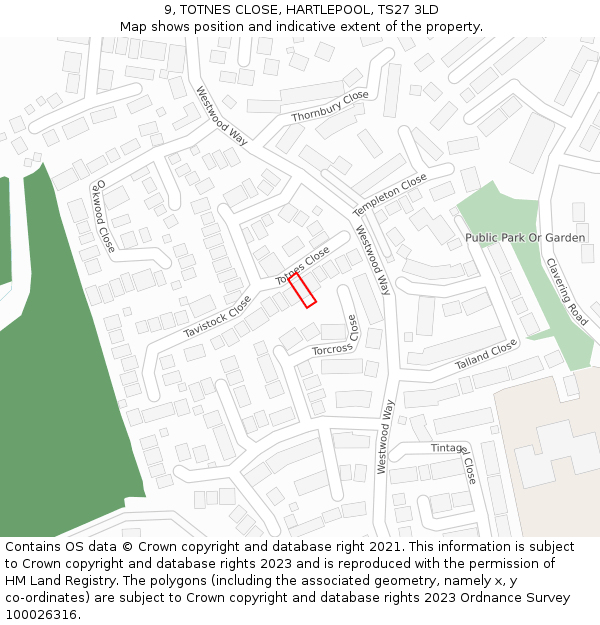 9, TOTNES CLOSE, HARTLEPOOL, TS27 3LD: Location map and indicative extent of plot