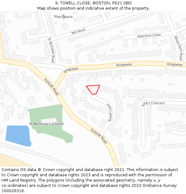 9, TOWELL CLOSE, BOSTON, PE21 0BD: Location map and indicative extent of plot