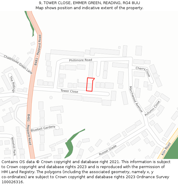 9, TOWER CLOSE, EMMER GREEN, READING, RG4 8UU: Location map and indicative extent of plot