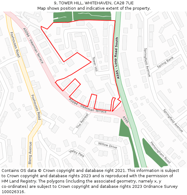 9, TOWER HILL, WHITEHAVEN, CA28 7UE: Location map and indicative extent of plot