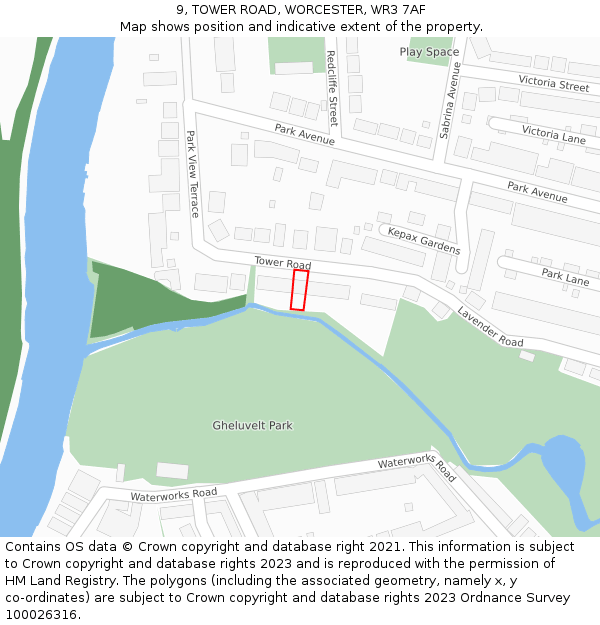 9, TOWER ROAD, WORCESTER, WR3 7AF: Location map and indicative extent of plot