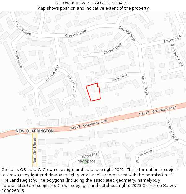 9, TOWER VIEW, SLEAFORD, NG34 7TE: Location map and indicative extent of plot