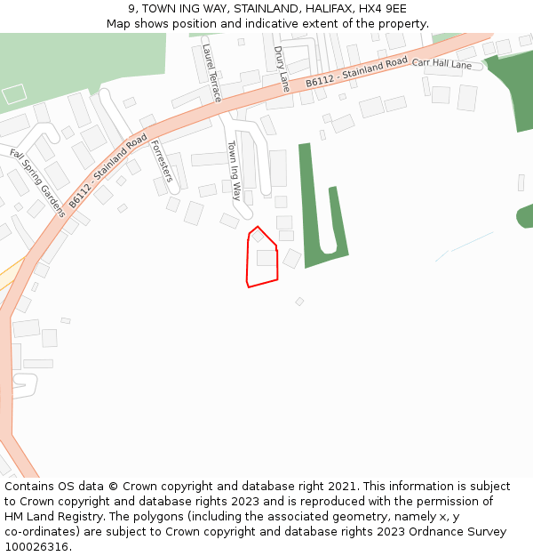 9, TOWN ING WAY, STAINLAND, HALIFAX, HX4 9EE: Location map and indicative extent of plot
